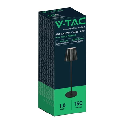 V-TAC 1.5W fekete, érintéssel vezérelhető akkumulátoros LED lámpa, CCT - SKU 10325