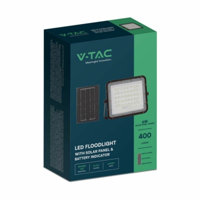 V-TAC 5000mAh napelemes LED reflektor 6W hideg fehér, 400 Lumen, fekete házzal - SKU 7821