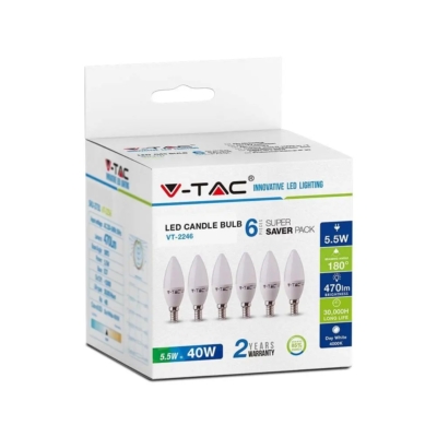 V-TAC 5.5W E14 meleg fehér LED gyertya égő csomag (6 db) - SKU 2736