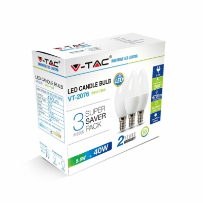 V-TAC 5.5W E14 természetes fehér LED gyertya égő csomag (3 db) - SKU 7264