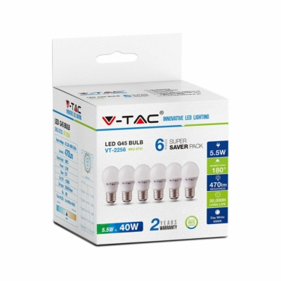 V-TAC 5.5W E27 meleg fehér LED égő csomag (6 db) - SKU 2730