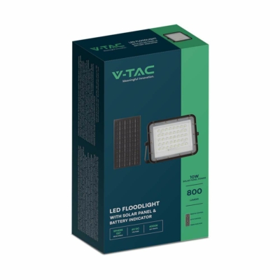 V-TAC 6000mAh napelemes LED reflektor 10W hideg fehér, 800 Lumen, fekete házzal - SKU 7823