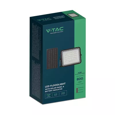 V-TAC 6000mAh napelemes LED reflektor 10W természetes fehér, 800 Lumen, fekete házzal - SKU 7824