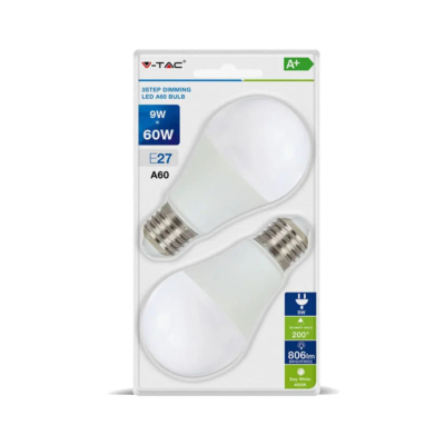 V-TAC 9W E27 hideg fehér 3 lépésben dimmelhető LED égő csomag (2 db) - SKU 7290