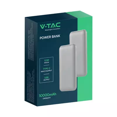 V-TAC ezüst 10000mAh powerbank, 30cm Type-C kábellel - SKU 23035