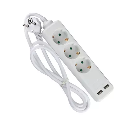 V-TAC fehér elosztó 3db aljzattal, 2db USB csatlakozó, 1.5m kábel - SKU 8774