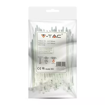 V-TAC fehér, műanyag gyorskötöző 2.5x100mm, 100db/csomag - SKU 11159