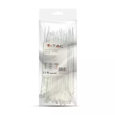 V-TAC fehér, műanyag gyorskötöző 2.5x150mm, 100db/csomag - SKU 11161