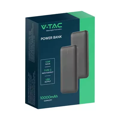 V-TAC fekete 10000mAh powerbank, 30cm Type-C kábellel - SKU 23036