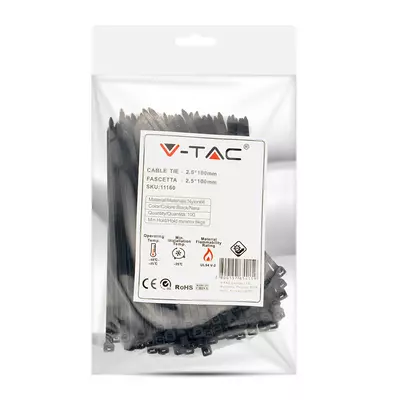 V-TAC fekete, műanyag gyorskötöző 2.5x100mm, 100db/csomag - SKU 11160