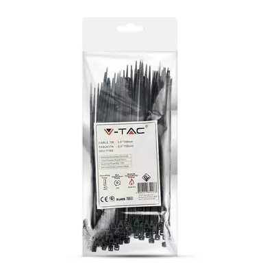 V-TAC fekete, műanyag gyorskötöző 2.5x150mm, 100db/csomag - SKU 11162