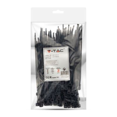 V-TAC fekete, műanyag gyorskötöző 4.5x150mm, 100db/csomag - SKU 11172