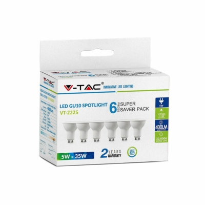 V-TAC GU10 LED spot égő 6 db/csomag 5W meleg fehér 110° - SKU 2739