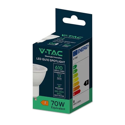 V-TAC GU10 LED spot égő 7.5W hideg fehér 38° - SKU 218771