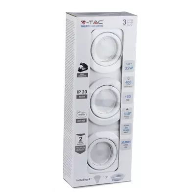 V-TAC GU10 LED spot égő fehér kerettel 3 db/csomag 5W hideg fehér 110° - SKU 8883