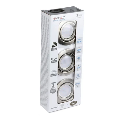 V-TAC GU10 LED spot égő matt króm kerettel 3 db/csomag 5W hideg fehér 110° - SKU 8886