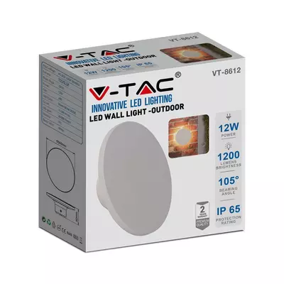 V-TAC indirekt világítású 12W kültéri, kerek fehér fali LED lámpa, meleg fehér - SKU 6785