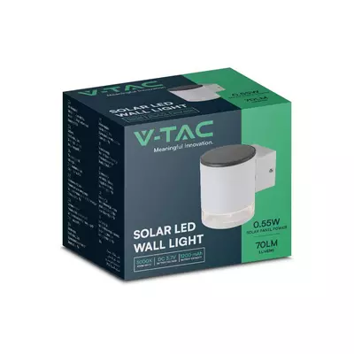 V-TAC napelemes 0.55W fali lámpa, IP54, meleg fehér, fehér házzal - SKU 23013