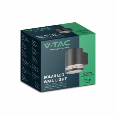 V-TAC napelemes 0.55W fali lámpa, IP54, meleg fehér, fekete házzal - SKU 23012
