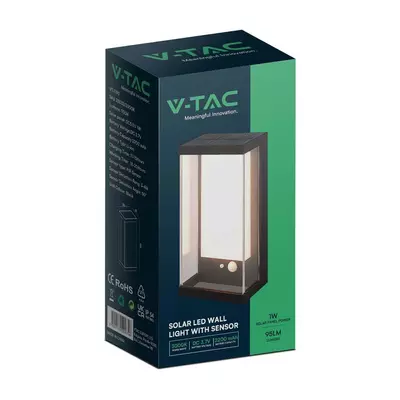 V-TAC napelemes fali IP54 LED lámpa, szenzorral, fekete házzal, meleg fehér - SKU 23032