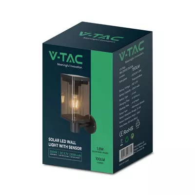 V-TAC napelemes fali lámpa E27 foglalattal és szenzorral, fekete IP44, meleg fehér - SKU 23010