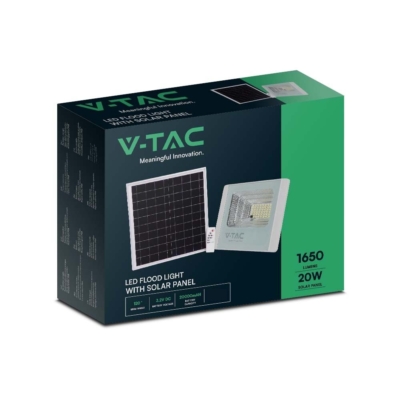 V-TAC napelemes LED reflektor 20W hideg fehér 10000 mAh, fehér házzal - SKU 10409