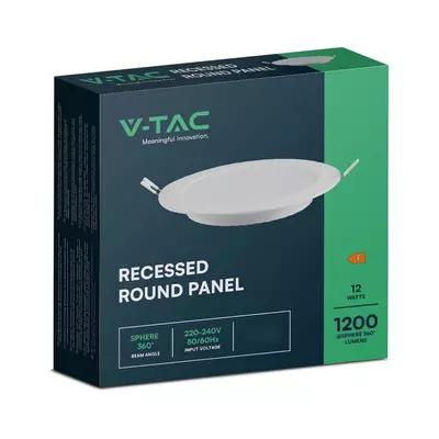 V-TAC süllyeszthető, műanyag házas, kerek LED panel 12W, hideg fehér - SKU 7863