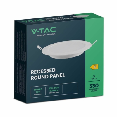 V-TAC süllyeszthető kerek Back-Lit LED panel 3W, hideg fehér, 110 Lm/W - SKU 7857