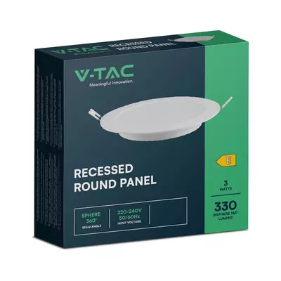 V-TAC süllyeszthető, műanyag házas, kerek LED panel 3W, meleg fehér - SKU 7855