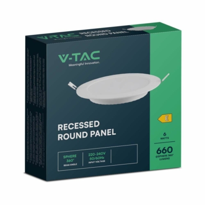 V-TAC süllyeszthető, műanyag házas, kerek LED panel 6W, hideg fehér - SKU 7860