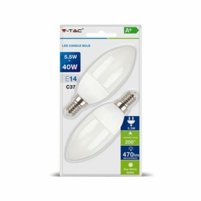 V-TAC 5.5W E14 meleg fehér LED gyertya égő csomag (2 db) - SKU 7291