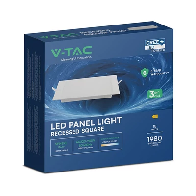V-TAC CREE SMD süllyeszthető, műanyag IP20, négyzet LED panel 18W, CCT - SKU 104866