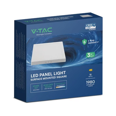 V-TAC CREE SMD felületre szerelhető, műanyag IP20, négyzet LED panel 18W, CCT - SKU 104986