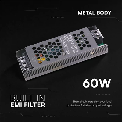 V-TAC IP20 slim fémházas LED tápegység 24V 60W 2.5A - SKU 24236