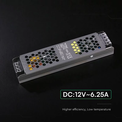 V-TAC IP20 slim fémházas LED tápegység 12V 75W 6.25A - SKU 24256