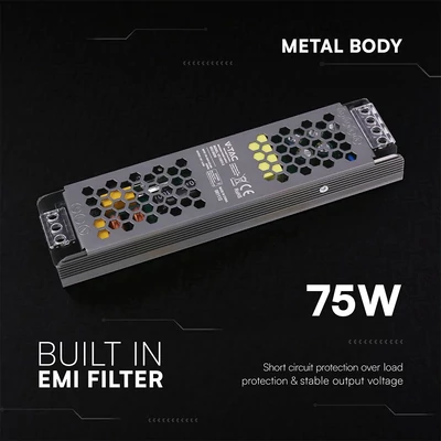 V-TAC IP20 slim fémházas LED tápegység 12V 75W 6.25A - SKU 24256