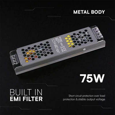V-TAC IP20 slim fémházas LED tápegység 24V 75W 3.15A - SKU 24237