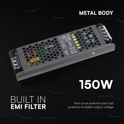 V-TAC IP20 slim fémházas LED tápegység 12V 150W 12.5A - SKU 24258