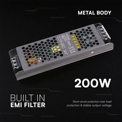 V-TAC IP20 slim fémházas LED tápegység 24V 200W 8.25A - SKU 24240