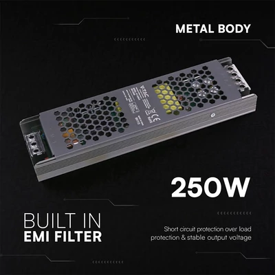 V-TAC IP20 slim fémházas LED tápegység 12V 250W 20.8A - SKU 24260