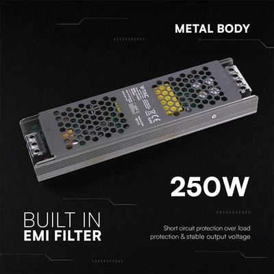 V-TAC IP20 slim fémházas LED tápegység 24V 250W 10.5A - SKU 24241