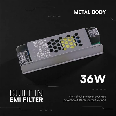 V-TAC IP20 slim fémházas LED tápegység 12V 36W 3A - SKU 24254