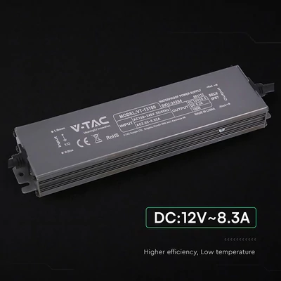 V-TAC IP67 slim fémházas LED tápegység 12V 100W 8.3A - SKU 24264