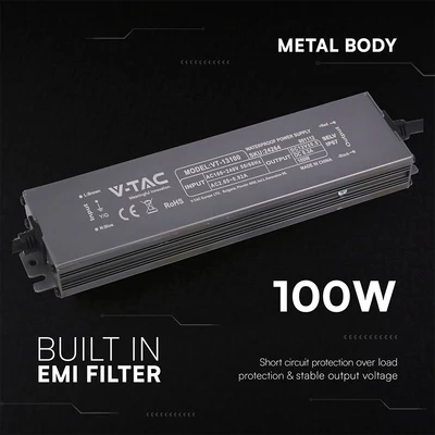 V-TAC IP67 slim fémházas LED tápegység 12V 100W 8.3A - SKU 24264
