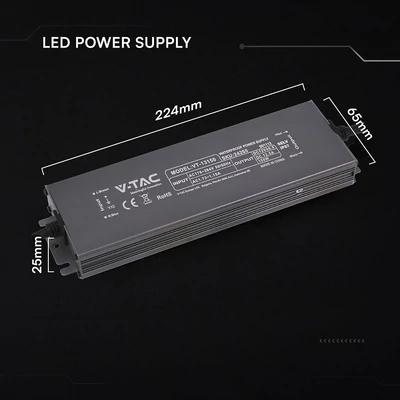 V-TAC IP67 slim fémházas LED tápegység 12V 150W 12.5A - SKU 24265