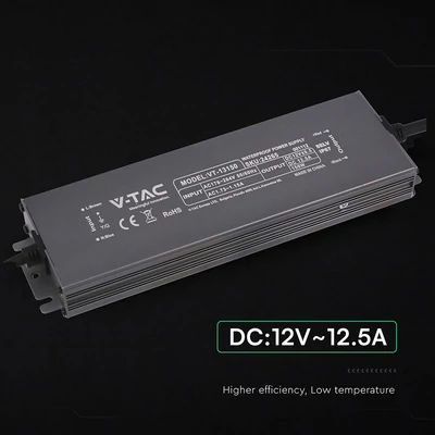 V-TAC IP67 slim fémházas LED tápegység 12V 150W 12.5A - SKU 24265