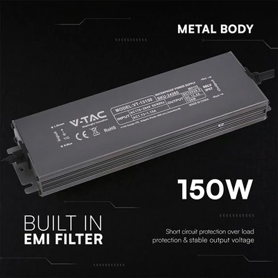 V-TAC IP67 slim fémházas LED tápegység 12V 150W 12.5A - SKU 24265