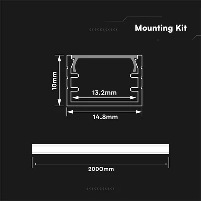 V-TAC falon kívüli alumínium LED szalag profil fehér fedlappal 14,8x10mm, 2m hosszú - SKU 24296