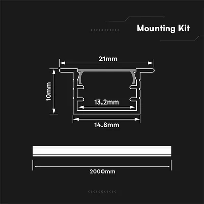V-TAC süllyeszthető alumínium LED szalag profil fehér fedlappal 21x10mm, 2m hosszú - SKU 24297