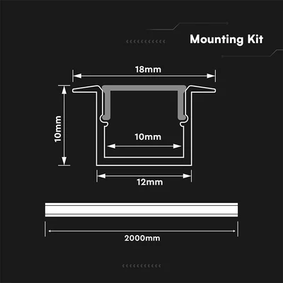 V-TAC süllyeszthető alumínium LED szalag profil fehér fedlappal 18x10mm, 2m hosszú - SKU 24299